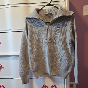LOFT Women's Ribbed Zip-Up Sweater in Light Gray